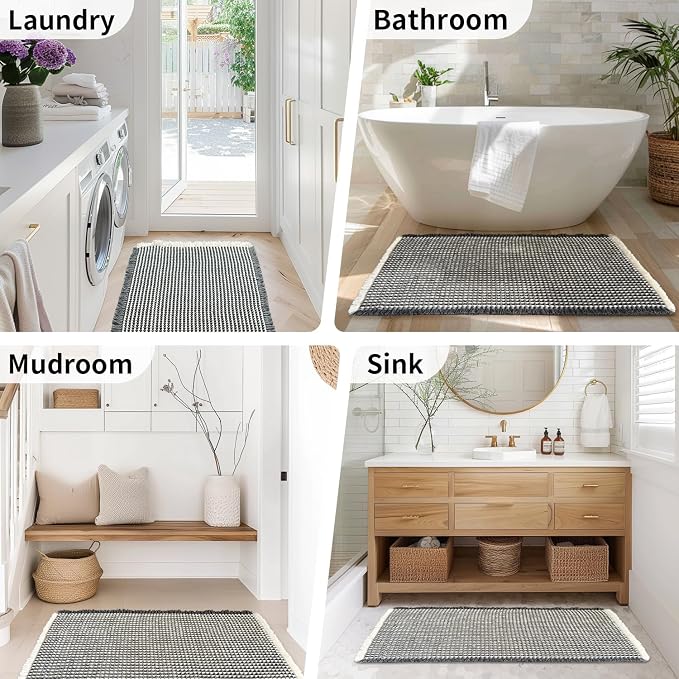 Waffle Bath Mat, Boho Bathroom Rugs Non Slip Washable, 20" x 48" | Super Absorbent Quick Dry Bath Mat, Boho Bathroom Mats, Soft Waffle Weave Farmhouse Bathroom Decor, Dark Grey and White