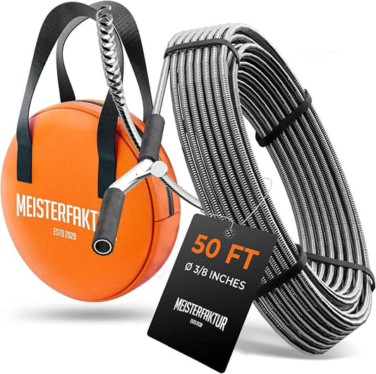 Meisterfaktur drain snake 3.0 [50 FT] - extremely long - Ideal plumbing snake for heavy & deep blockages - The drain auger for real do-it-yourselfers! (50 FT - 3/8 inch)