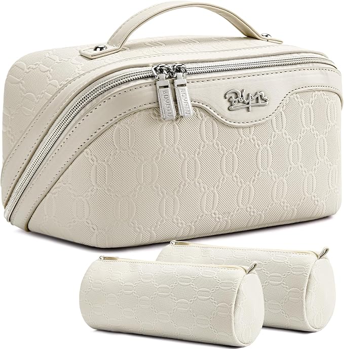 BOYATU Travel Makeup Bag Cosmetic Bags for Women: 3-Piece Makeup Bag Set | | Up to 20 3.4-oz Bottles | 180° Open-Flat Toiletry Organizer for Travel Essentials | Gift-Ready | (G-2-White)