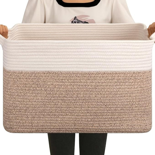 OIAHOMY Large Blanket Basket, 65L Cotton Rope Woven Laundry Basket, Toy Bin for Baby Room, Container for Blanket Storage in Living Room, 20''×16''×12'', Brown & White
