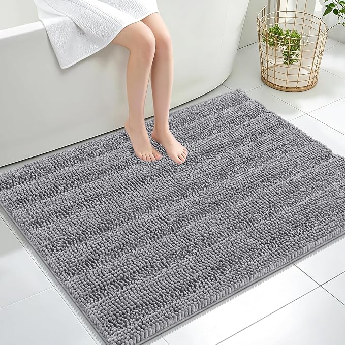 OLANLY Thick Large Bathroom Rugs 40x32, Soft Chenille Bath Rugs, Grey | Absorbent Striped, Rubber Backing, Machine Wash Dry, Bath Mats for Bathroom Floor, Tub and Shower, Home Decor Accessories