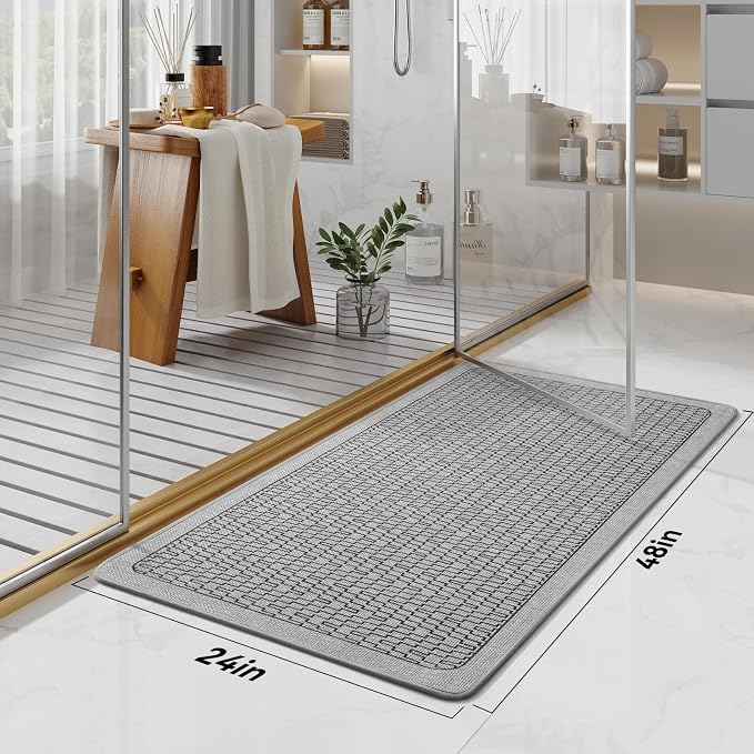 Bathroom Runner Rug, Long Thin Bath Mat Fit Under Door, Grey 24x48 | Quick Dry Absorbent, Rubber Backing Washable Large Bathmat, Shower Mat for Bathroom Floor, Tub and Outside Shower, Home Decor