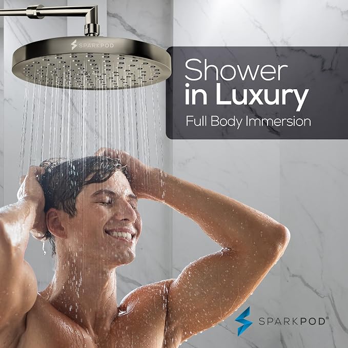 SparkPod Rain Shower Head, 8 Inch Round, Elegant Brushed Nickel Finish | High Pressure Shower Heads, 90 Nozzles, Adjustable Showerhead, No Tools Needed, Universal Connection