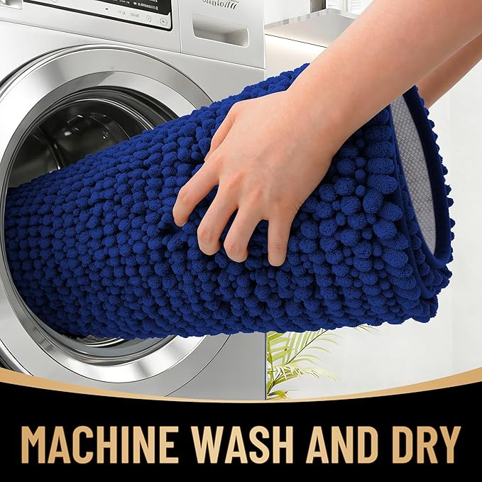 OLANLY Thick Chenille Bathroom Runner Rugs 47x17, Absorbent Bath Mat, Navy | Soft Bath Rugs, Rubber Backing, Machine Wash Dry, Bath Mats for Bathroom, Tub and Shower, Home Decor Accessories