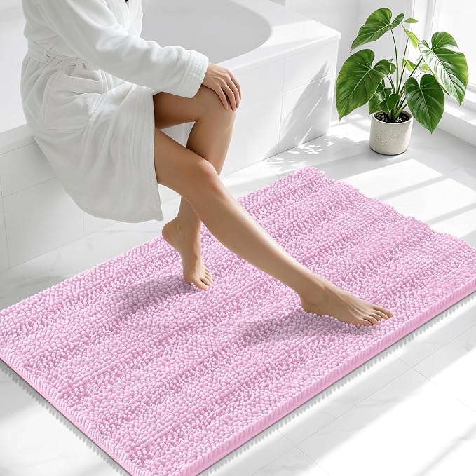 Smiry Thick Chenille Bathroom Runner Rugs 44x24, Absorbent Bath Mat, Pink | Quick‑Dry & Machine Washable, Non‑Slip Bath Carpet, Soft Striped Bath Rugs for Tub & Shower, Modern Home Decor Accessories