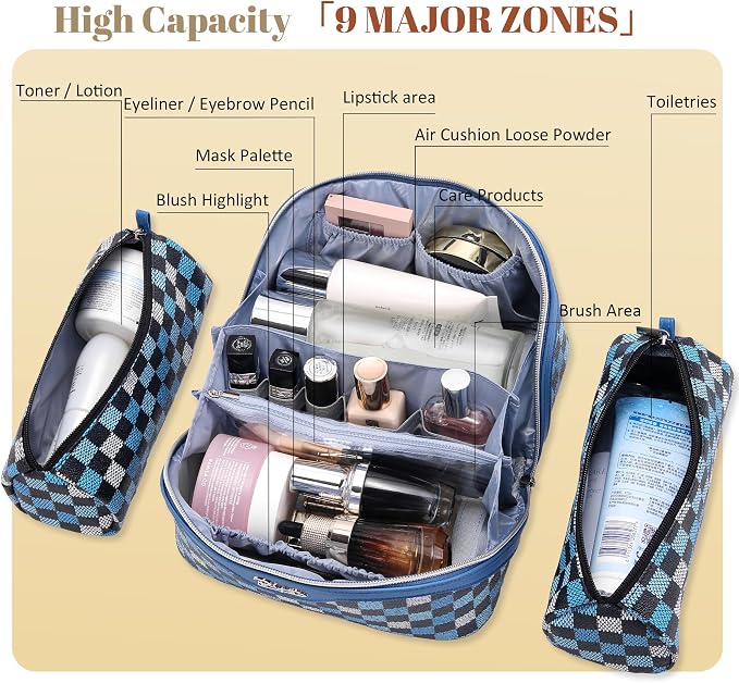 BOYATU Travel Makeup Bag Organizer Cosmetic Bag: 3 Pcs Set Make up Bags for Women with Handle - Waterproof Vegan Leather Toiletry Bag (01-H-Blue)