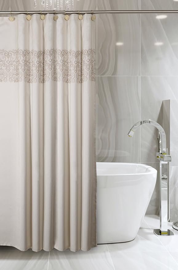 Creative Scents Shannon Shower Curtain Hooks Decorative | Set of 12 | Beige with Gold Shower Curtain Rings