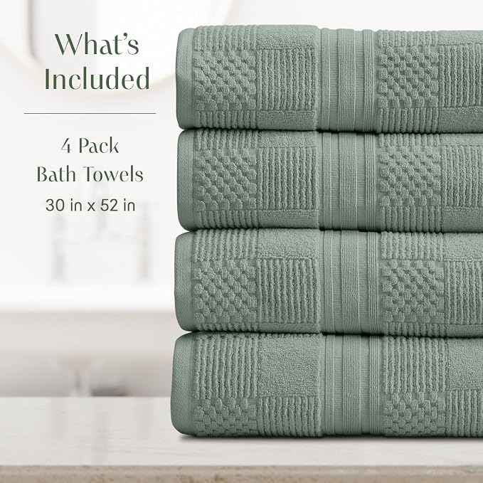 100% Cotton Bath Towel Set | 4-Pack | Textured | Green | Luxury Geometric Design | Absorbent & Quick-Dry Bathroom Towels | Textured and Durable Cotton Towels for Bathroom | OEKO-TEX