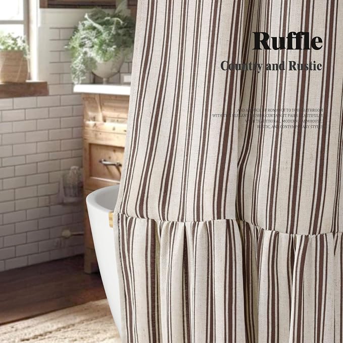 Farmhouse Shower Curtain Ruffle Linen Cream-Brown Stripe 72"W x 72"L | Farmhouse Boho, Striped, Bottom Ruffle, Linen Fabric, Rustic, Country, Natural Look, Washable, for Bathroom Bathtub