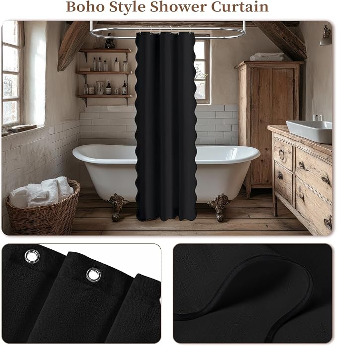 Stall Boho Scalloped Linen Textured Cloth Shower Curtain, 36x72, Black | Half Size, 230GSM Waterproof Polyester, Heavy Duty Fabric, 6 Plastic Hooks, Elegant Modern Farmhouse Style, Machine Washable