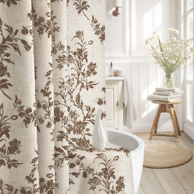 Brown Floral Shower Curtain,Vintage Linen Beige Cottagecore Shower Curtains for Bathroom, 72" W x 72" L