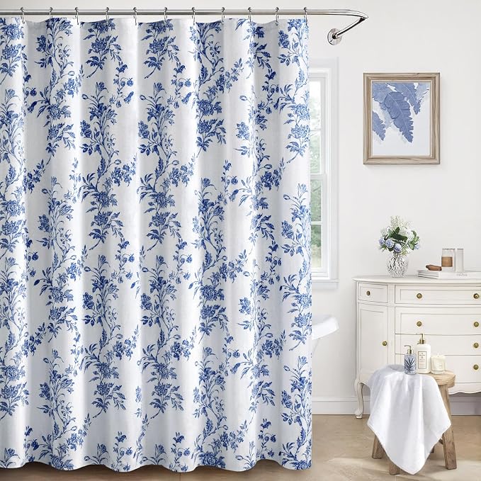 Blue Floral Shower Curtain,Vintage Cotton Cottagecore Shower Curtains for Bathroom, 72" W x 72" L