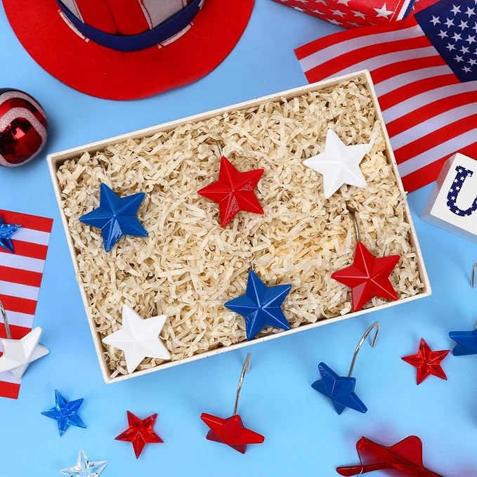 12 Pack Star Shower Curtain Hooks Patriotic Red White Blue Hangers | Resin and Rustproof Stainless Steel, Glide Smoothly Without Scratching Rods, Glitter Star Patriotic Festive Decor