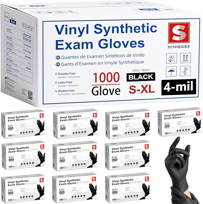 Schneider Medical Nitrile/Vinyl Blend Exam Gloves, Black Disposable | Latex&Powder free, Food Safe, Cleaning, Exam, Cooking, Food Prep, BBQ, Comfortable Fit, Ambidextrous, Unisex