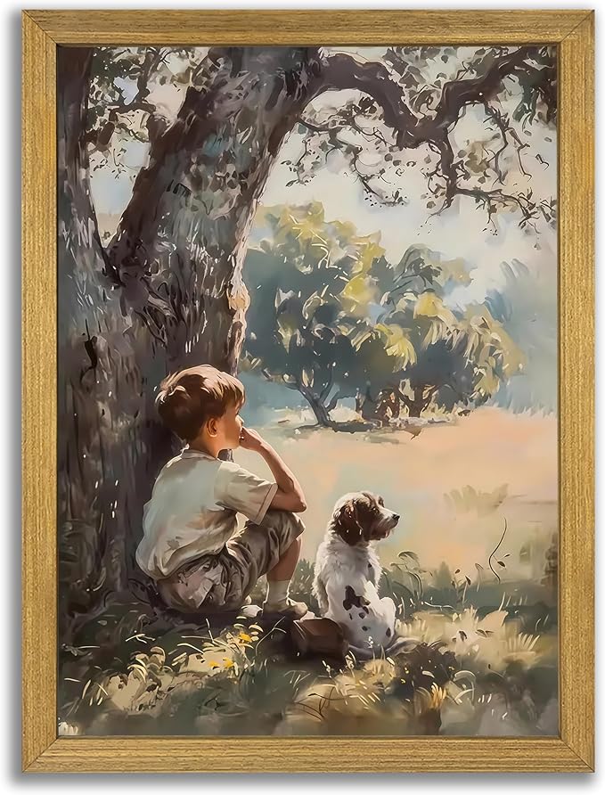 Wood Framed Canvas Wall Art, Vintage Boy and Dog Painting Poster, Countryside Pastoral Landscape Print Picture, Rustic Farmhouse Wall Decor for Living Room Bedroom Nursery 16x24 inch