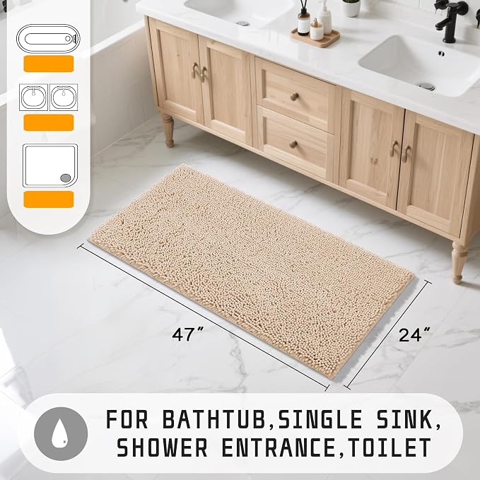 Yimobra Long Bathroom Rugs 47"x24", Extra Soft Non Slip Bath Mat for Tub, Super Absorbent Quick Dry Shaggy Rug Floor Carpet, Machine Washable,Beige