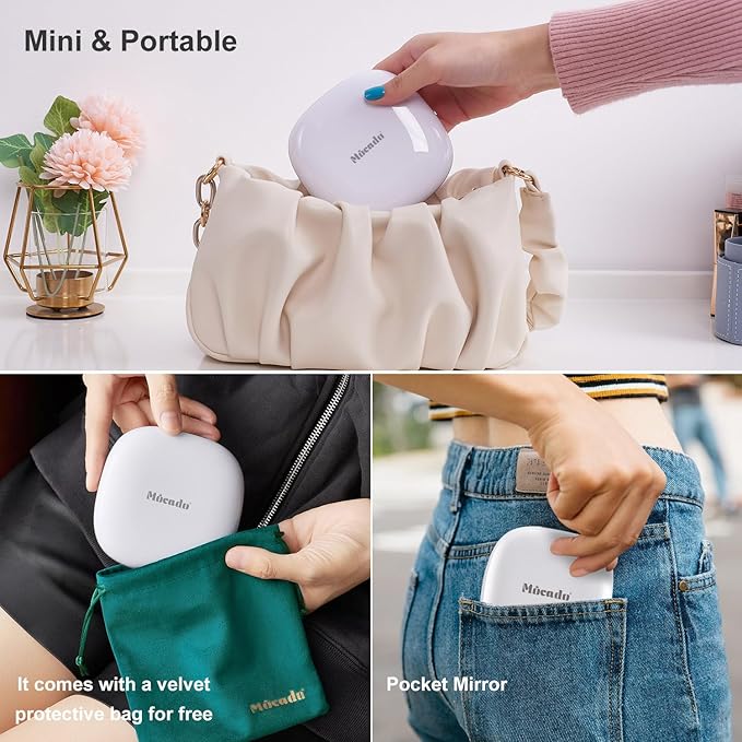 Mocado Compact LED Magnifying Travel Makeup-Mirror - 4 inches 1X/10X Magnification Small Hand Pocket Dimmable Double Sided USB Rechargeable Touch Screen, Portable Tabletop Cosmetic (White) | Double Sides Lighted, 3 Colors Lighting, 0-100% Brightness, D...