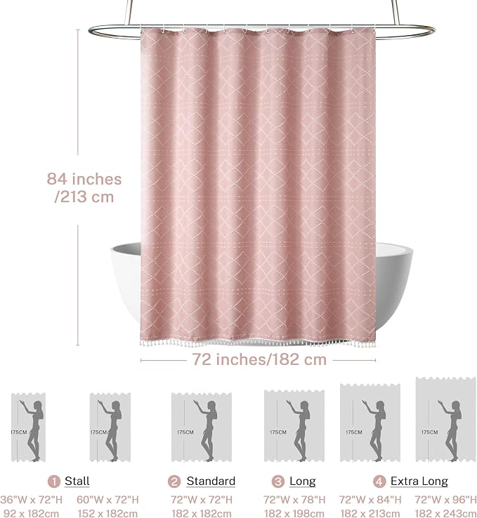 Siiluminisoy Extra Long Boho Pink Shower Curtain with Tassels 72 x 84, Tufted Chevron Striped Chenille Woven Fabric Cloth Shower Curtain Modern Farmhouse Minimalist, Shabby Chic Textured for Bathroom