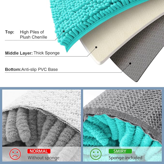 Smiry Bathroom Rugs 48X32, Luxury Chenille Extra Soft Absorbent Bath Mat | Turquoise, Machine Washable Non-Slip Plush Bath Mats for Bathroom, Tub, Shower, and Floor, Home Decor