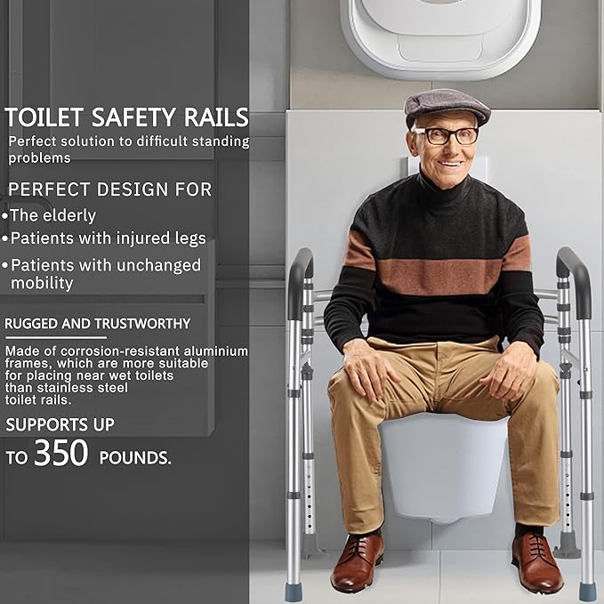 Lianjindun Toilet Safety Rails, 350 lbs, Adjustable Height & Width | Fits Most Toilets, Foldable Design, 350 Lbs Capacity, Aluminum Toilet Frame, Toilet Handles for Seniors, Disabled, Handicap