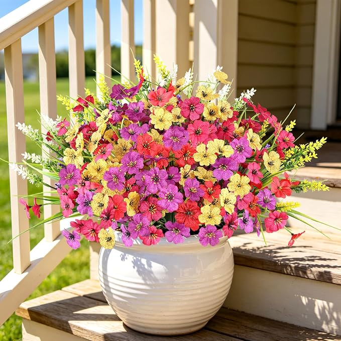 24PCS Fake Flowers Outdoor, UV Resistant Artificial Silk Flowers | Realistic Faux Flowers for Hanging Baskets, Window Boxes & Planters, Porch, Yard, Cemetery, Spring Outdoor Home Decor