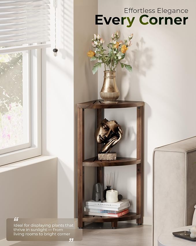 BLUEWEST 3-Tier Corner Shower Caddy Stand, Wood, Walnut | Shower Organizer Standing, Anti-Slip Feet, Waterproof & Durable, Space-Saving Design, Bathroom Corner Shelf