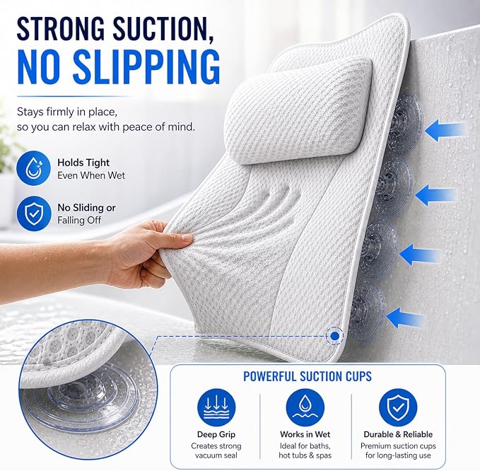 Bath Tub Pillow, Extra Thick Luxury Cushion with Strong Suction Cups for Head, Neck & Back Support, Breathable Spa Pillow for Relaxing Night Bath (White)