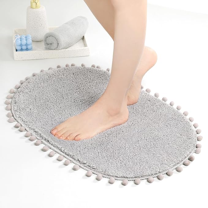 YIRDDEO Oval Rug for Bathroom, Cute Boho Bath Mat with Pom, Light Grey | Soft Plush, Absorbent, Quick Dry, Machine Washable, Non Slip Bath Mat for Bathroom Shower Floor Home Decor