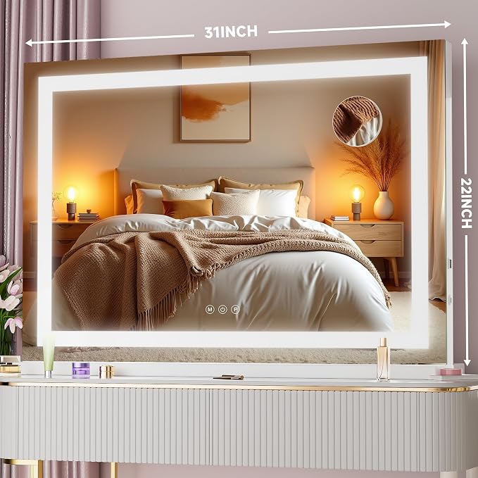 Vanity Mirror with Lights, 32" x 22" LED Makeup Mirror with 10X Magnification, Dimmable 3 Modes, Memory Function, Smart Touch, USB Charging Port, Lighted Makeup Mirror Square White