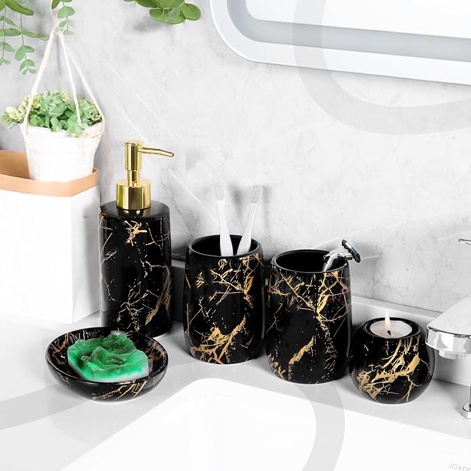 Ceramic Bathroom Accessory Set, 5-Piece Bathroom Accessory Set, Soap Dish, Toothbrush Holder, Soap Dispenser, Bathroom Tumbler & Candle Holder - Modern Bathroom Organizer, (Black & Gold)