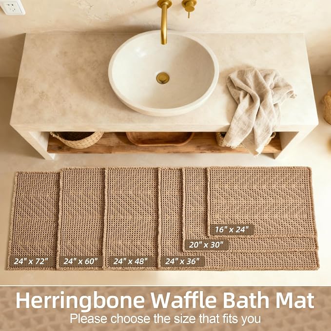 Sunfly Boho Bathroom Rug, Herringbone Waffle Bath Mat Non-Slip Washable Super Absorbent Quick Dry, Farmhouse Bath Mat for Bathroom Floor Decor 24"*36" Khaki