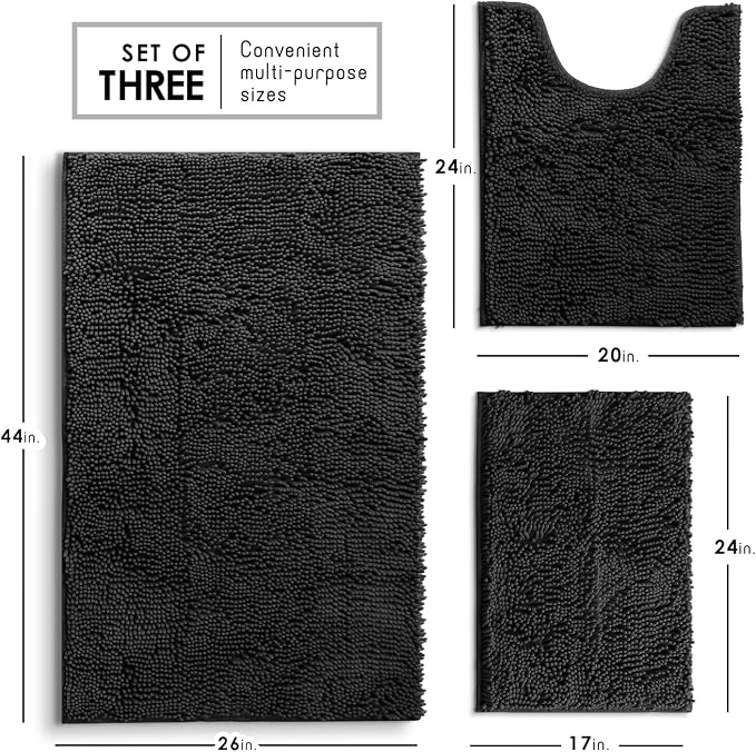 Hearth & Harbor Bathroom Rugs, Chenille Bath Mat - Machine Washable Bath Mats for Bathroom Non-Slip Backing Rubber, Quick Dry Mat - Black Bath Rug, 17x24-26x44-20x24