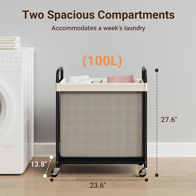 ELYKEN Laundry Hamper 2 Section, 100L Rolling Laundry Sorter with Wheels | Removable Washable Liner Bags, Sturdy Steel Frame and Metal Handle, Double Compartment Clothes Organizer for Laundry Sorting