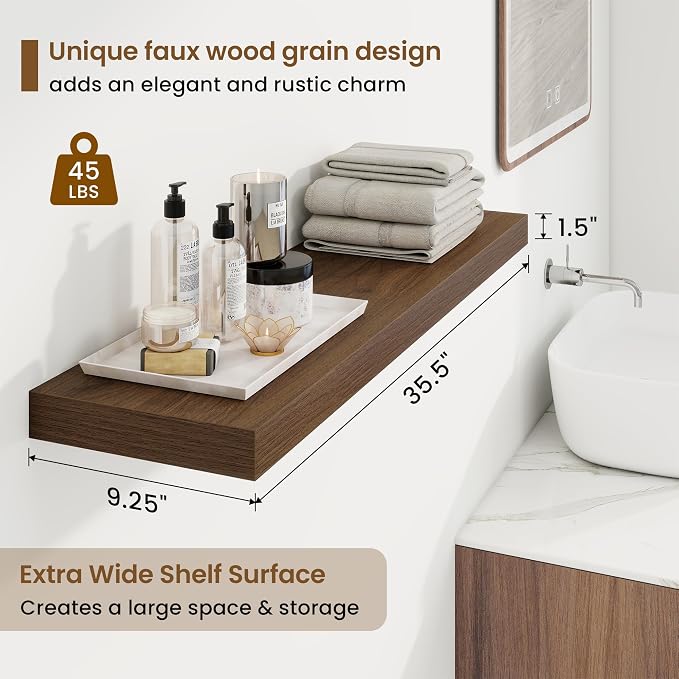 Marsmiles 9.25in Depth 36in Floating Shelves, 36x9.25x1.4, Walnut, Set of 2 | Wall Mounted Engineered Wood Shelves, Invisible Brackets for Living Room, Bedroom, Bathroom, Kitchen Decor and Storage