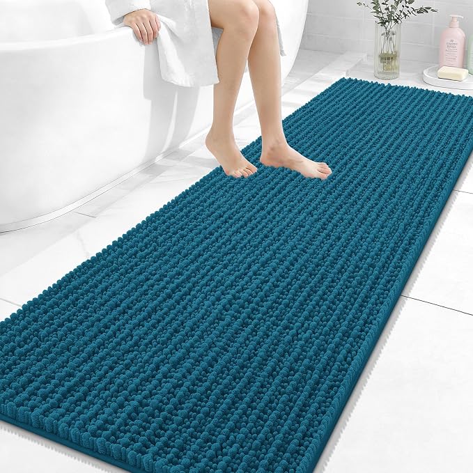 OLANLY Bathroom Runner Rugs 70x24, Thick Soft Absorbent Chenille Bath Rugs | Peacock Blue, Quick-Drying Rubber Backing, Long Shaggy Bath Mat, Washable for Floor, Tub and Shower, Home Decor Accessories