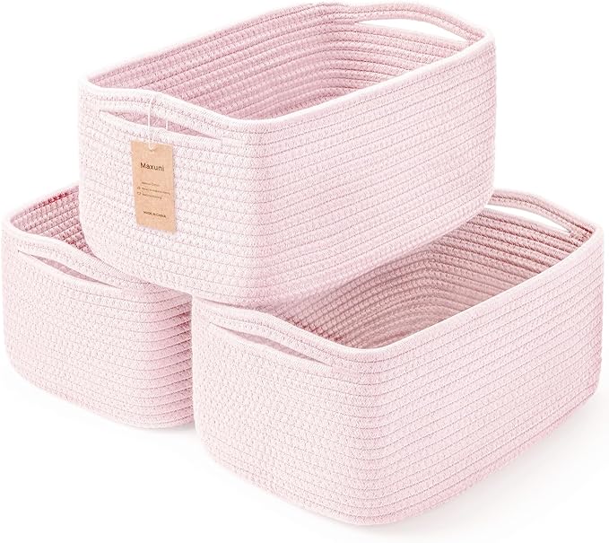 3 Pack Small Storage Baskets for Organizing, 11.8×7.8×5.1", Mixed Pink | Woven Baskets for shelves, Cotton Rope Basket for Gifts Empty, Closet Organizer Bins with Handles, Cube Decorative Box