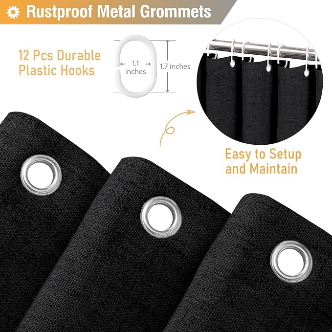 Extra Long Linen Ruffle Farmhouse Cloth Shower Curtain, 72x96, Black | Ruffle Hem, Heavy Duty Fabric, 12 Hooks, Elegant Drape, Shabby Chic Style, Bathroom Decor, Machine Washable, Easy To Install