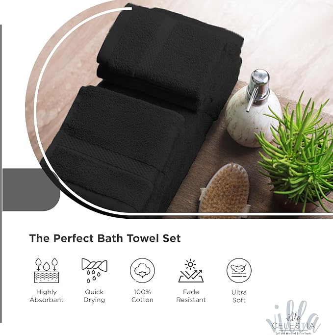 Villa Celestia 12-Piece 100% Cotton Towel Set, 4 Bath Towels, 4 Hand Towels, 4 Wash Cloth, Quick-Dry, Black