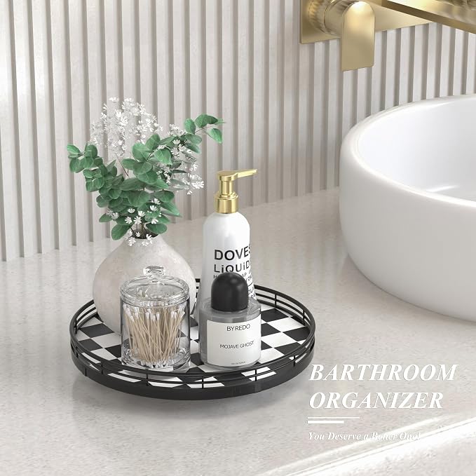 AMH 10-Inch Black and White Checkerboard Lazy Susan with Oak Base | Smooth rotating oak tray with walnut finish for dining tables, kitchen counters, pantries and cabinet storage.