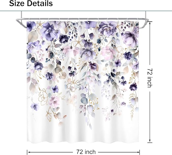Purple Floral Girls Girly Boho Watercolor Bathroom Shower Curtain Set | 72"W x 72"L Flower Wildflower design with waterproof HD artwork, quick-dry fabric and hooks for easy hanging.