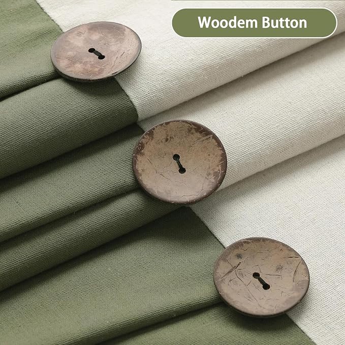 Farmhouse Shower Curtain Linen Button Cream-Green 72" W x 78" L | Farmhouse Style, Chic Button, Striped, Linen Fabric, Rustic, Country, Natural Look, Washable, for Bathroom Bathtub
