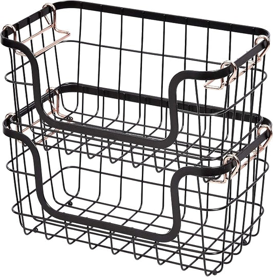 Amazon Basics Stackable Metal Wire Rectangular Storage Baskets for Kitchen, Bathroom or Pantry Organizing, 2 Count, Black