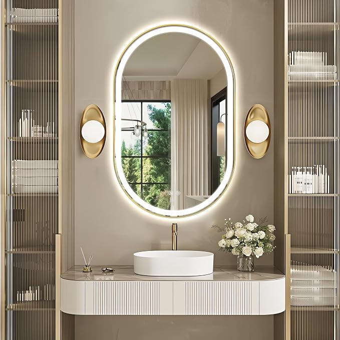 Oval LED Bathroom Mirror, Backlit + Front Lit Mirror Old Gold Frame | 3 Color Dimmable, Anti-Fog, 48"x30", Memory Function, Shatter-Proof, HD Glass, Pill-Shaped Mirror, Vertical or Horizontal