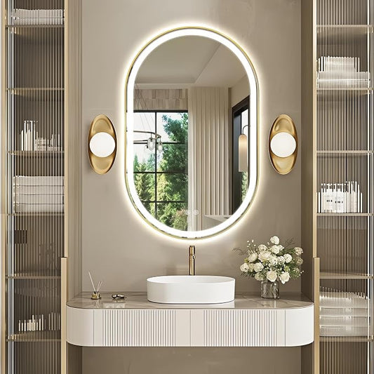 Oval LED Bathroom Mirror, Backlit + Front Lit Mirror Old Gold Frame | 3 Color Dimmable, Anti-Fog, 48"x30", Memory Function, Shatter-Proof, HD Glass, Pill-Shaped Mirror, Vertical or Horizontal