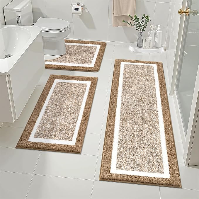 Pauwer Bathroom Rugs 3 Piece Set, Non Slip Washable Bath Mat, Khaki | Soft Plush Microfiber, Super Absorbent Floor Carpet, U Shaped Toilet Mats, Quick Dry, Shaggy Shower Rugs Runners