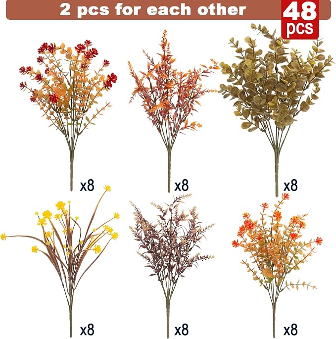 Hananona 48 Pcs Artificial Fall Flowers Outdoor, Faux Artificial Plants UV Resistant Plastic Autumn Flower for Hanging Planter Front Door Porch Window Home Decor (48, Orange)