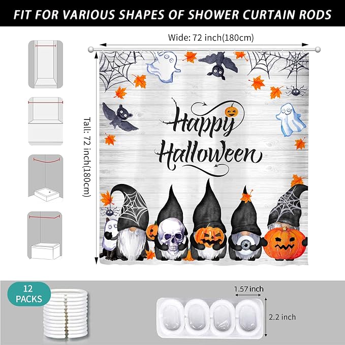 Halloween Cute Funny Gnomes Spooky Pumpkin Shower Curtain for Bathroom 72W*72H Inch Farmhouse Rustic Horror Bathtub Skull Ghost Maples Bat Decor Waterproof Polyester Fabric Set with 12 Hooks
