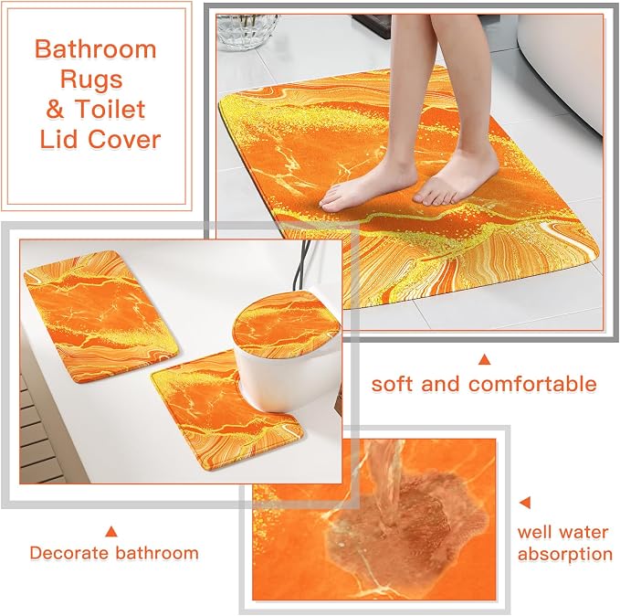 21PCS Bathroom Sets with Shower Curtain and Rugs Bathroom Accessories Set Orange Bathroom Set Complete with Trash Can, Toilet Brush, Qtip Holder & 3PCS Soap Dispenser