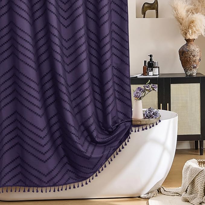 Siiluminisoy Extra Long Boho Shower Curtain, Woven Fabric 84 in Dark Purple, 72 x 84, Tufted Chevron Striped Modern Chic Textured Minimalist Bathroom Shower Curtain