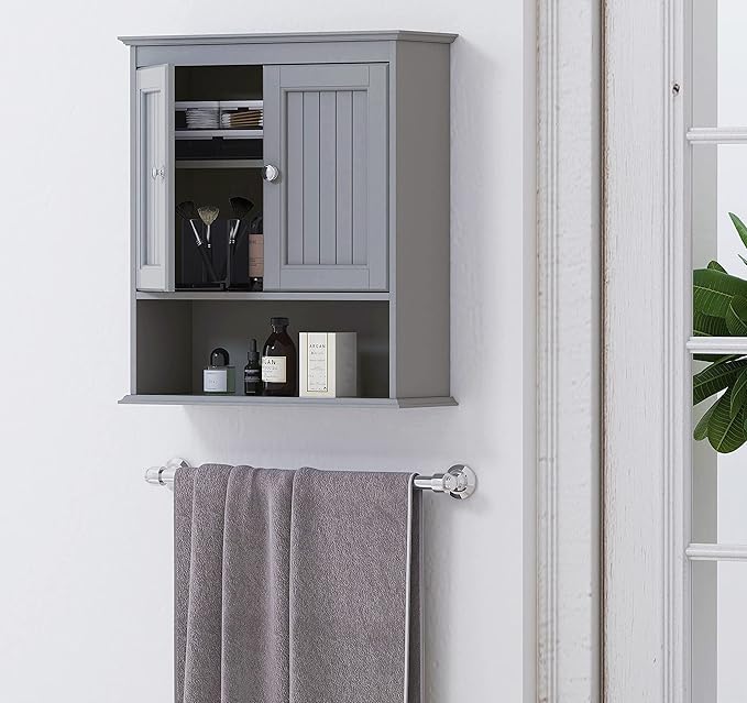 Spirich Bathroom Medicine Cabinet Over Toilet, Wall Mounted Cabinet, Gray | FSC-Certified Engineered Wood, Hidden & Open Storage, Adjustable Shelf, Modern Beadboard Design for Bathroom Kitchen Laundry